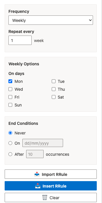 RRule Editor Screenshot